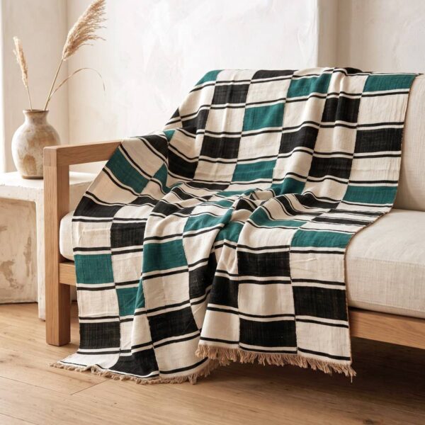 Handwoven Sahel cotton blanket, checkerboard block pattern with a fringed edge