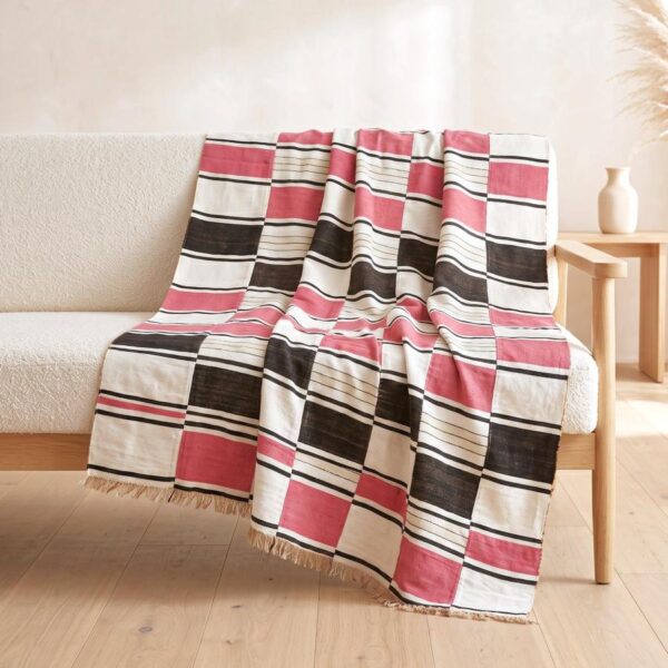 blanket-sahel-020-kayes (1)-bashiri Handwoven Sahel cotton blanket, checkerboard block pattern framed by pinstripes