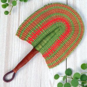 Natural woven fan with leather accent.