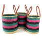Angled view of the teal, pink and black laundry basket set