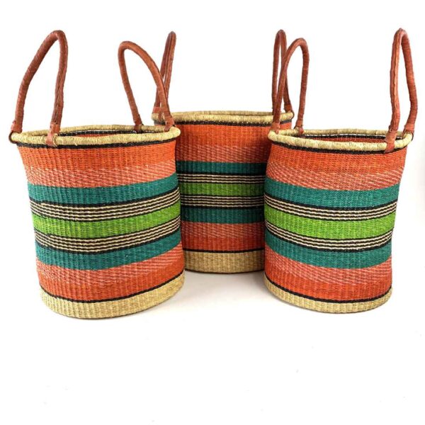 bolga-Open-Laundry-basket-114-beat (2) Angled view of the orange, teal, green and black laundry basket set
