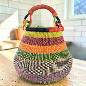 Bolga pot baskets showing different colourways