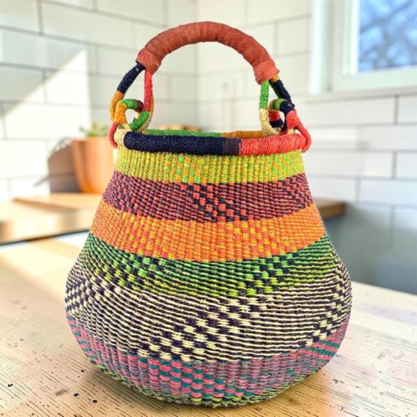 Bolga pot baskets showing different colourways