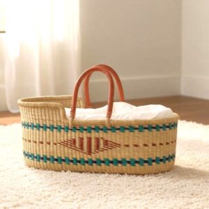 Moses baby basket with teal stripes and a rust diamond, white linen inside, on a rug in a nursery