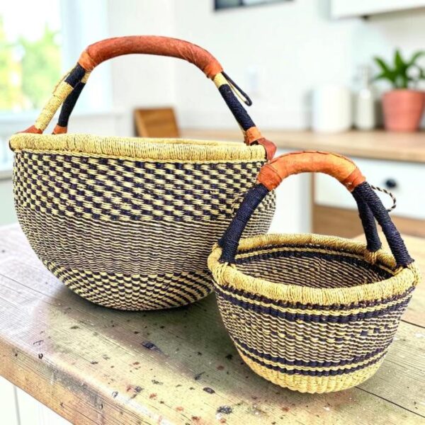 bolga-basket-round-duo-navy-natural-bashiri Round Bolga basket duo in navy and natural elephant grass with leather handles