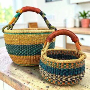 bolga-basket-round-duo-teal-orange-green-bashiri ound Bolga basket duo in teal, orange and green elephant grass with leather handles
