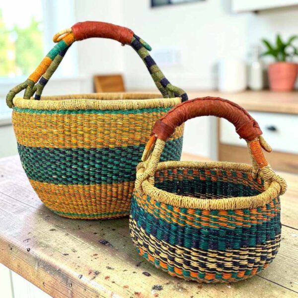 bolga-basket-round-duo-teal-orange-green-bashiri ound Bolga basket duo in teal, orange and green elephant grass with leather handles