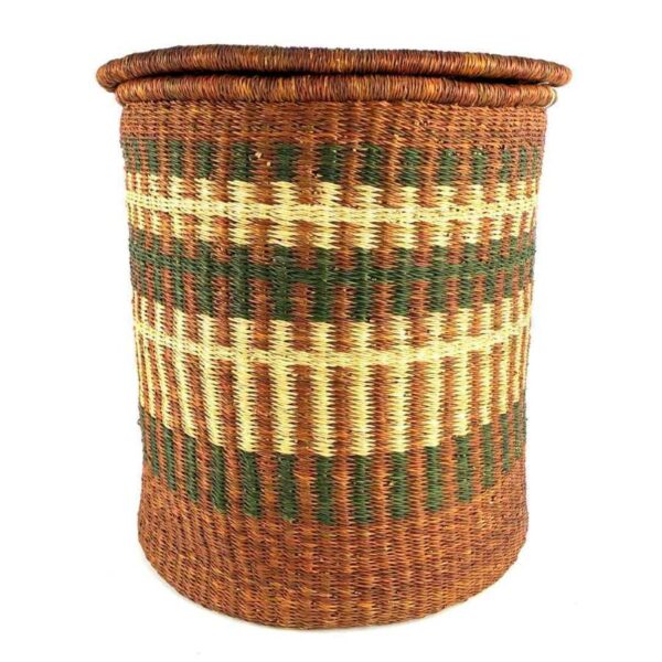 bolga-closed-laundry-basket-0302-flattop-bashiri Closed bolga laundry basket, rust brown with cream and green stripes, two-tone woven lid