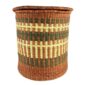 Closed bolga laundry basket, rust brown with cream and green stripes, two-tone woven lid