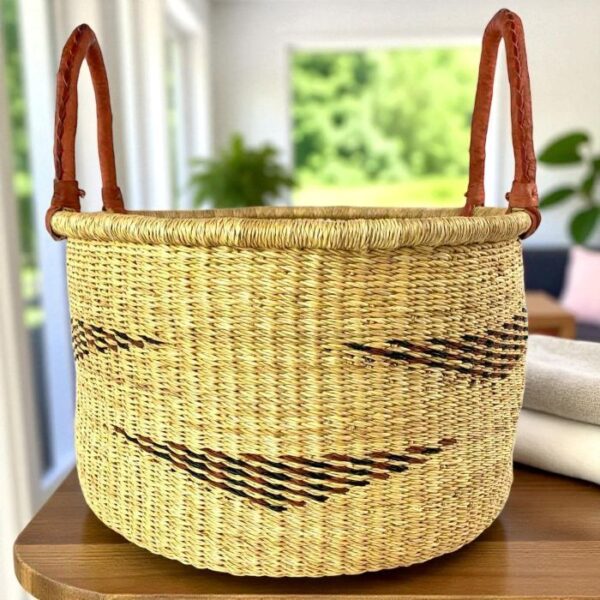 bolga-hamper-basket-natural-woven-pattern-leather-handles-ghana Handwoven African hamper basket in natural elephant grass with dark woven pattern and leather handles, Bolgatanga Ghana