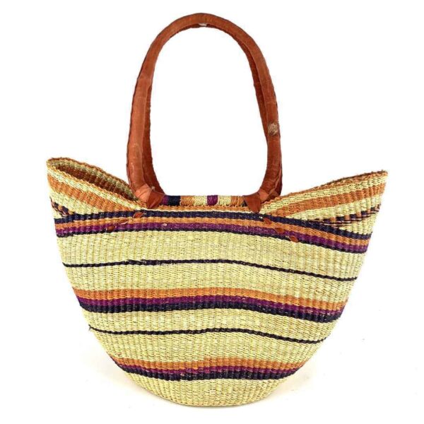 bolga-market-basket-lh-268-daicos-bashiri-2 Front view of the long handle market basket with fine stripes in muted tones on a natural base