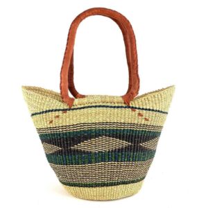 bolga-market-basket-lh-270-knockout-bashiri-2 Front view of the long handle market basket with a geometric diamond band in deep, cool tones
