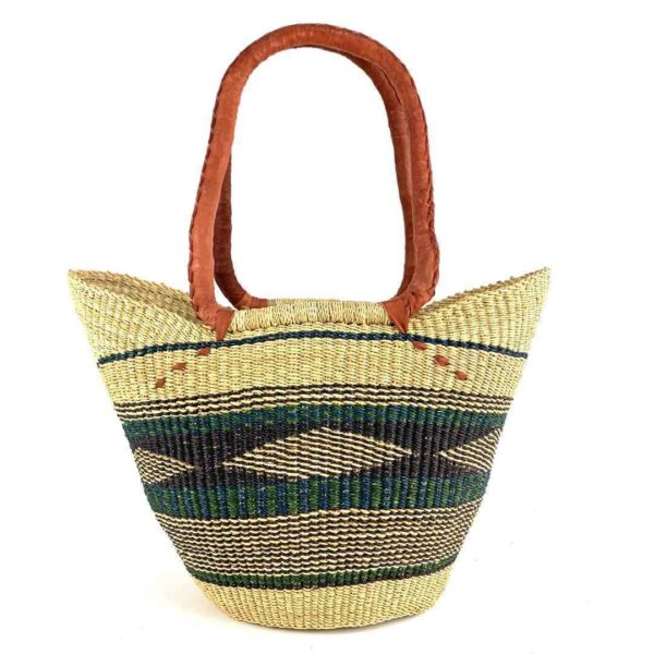 bolga-market-basket-lh-270-knockout-bashiri-2 Front view of the long handle market basket with a geometric diamond band in deep, cool tones