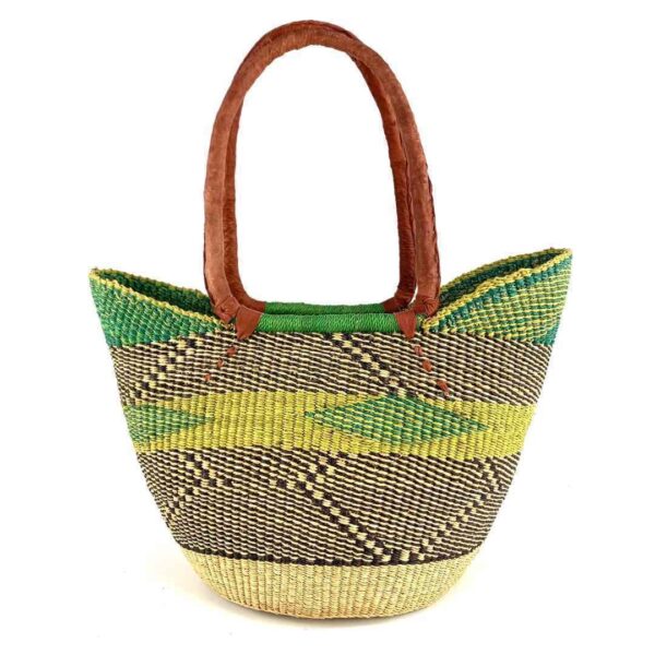 bolga-market-basket-lh-276-kenny-bashiri-2 Front view of the long handle market basket with a zigzag pattern in fresh, bright tones