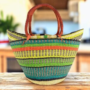Extra large market basket, lime green, teal and orange stripes over natural straw, with rounded leather handles