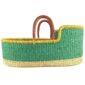 Front view of the Moses basket with a solid green body, yellow rim, natural base and leather-wrapped handles on a white background