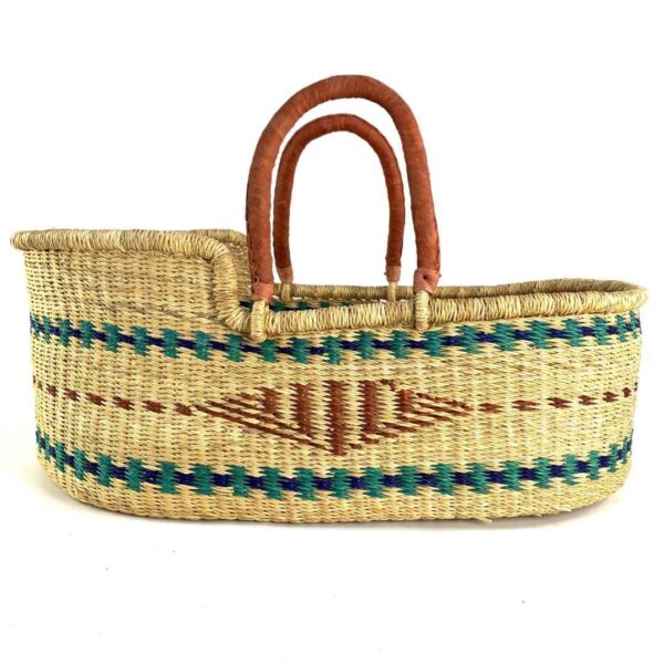 bolga-moses-basket-176-naptime-teal-diamond-elephant-grass-woven-bashiri-3 Front view of the handwoven Moses basket with teal and deep blue bands and a woven rust diamond