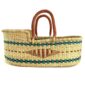 Front view of the handwoven Moses basket with teal and deep blue bands and a woven rust diamond
