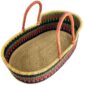 Angled view of the dark multicolour Moses basket showing the striped inner walls
