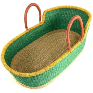bolga-moses-basket-179-softness-green-elephant-grass-african-basket-bashiri-2 Angled view of the green Moses basket showing the woven base inside