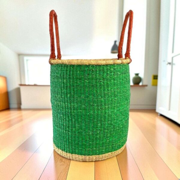 Open bolga laundry basket, solid emerald green with natural rim and base, tall leather handles