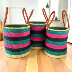 Bolga laundry basket set, teal, pink and black stripes, shown in small, medium and large