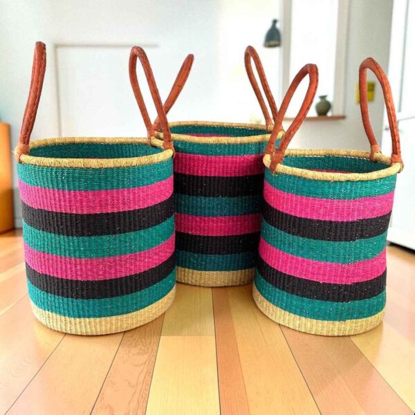 Bolga laundry basket set, teal, pink and black stripes, shown in small, medium and large