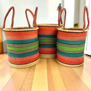 Bolga laundry basket set, orange, teal, green and black stripes, shown in small, medium and large