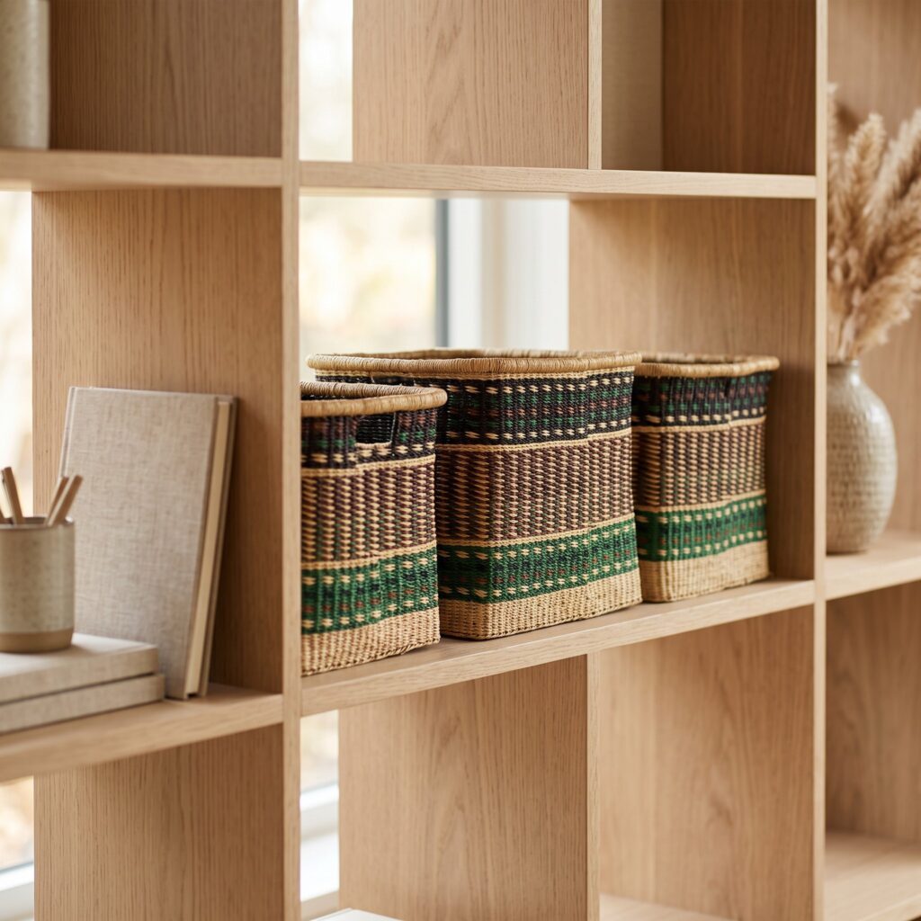 Three handwoven Bolga square storage baskets with green, black and brown stripes and cut-out handles on a light timber bookshelf.