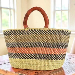 Natural Brighton basket with navy diagonal band and red stripe, leather handles