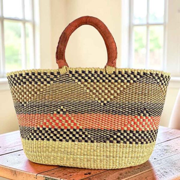 Natural Brighton basket with navy diagonal band and red stripe, leather handles