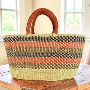 Natural Brighton basket with black, red, and brown diagonal wave, leather handles