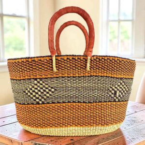 Orange and navy Brighton basket with natural centre band, leather handles