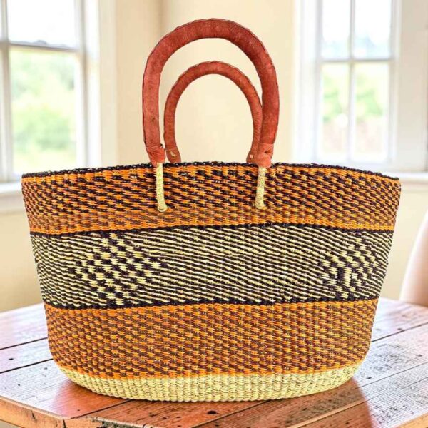Orange and navy Brighton basket with natural centre band, leather handles