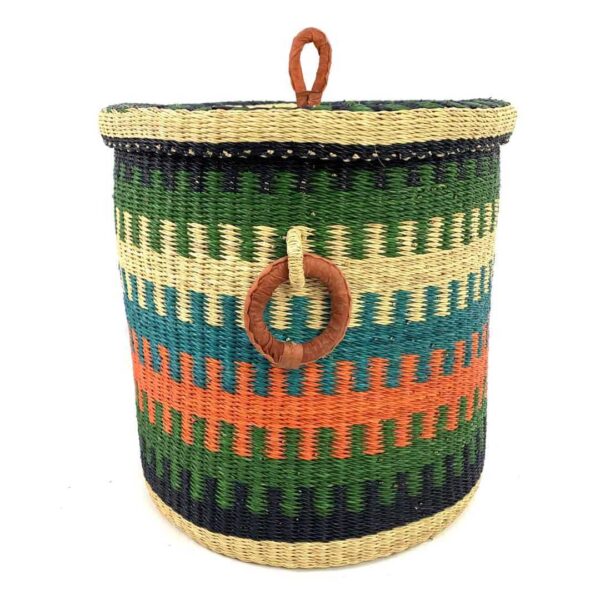closed-laundry-basket-0309-fir-green-orange-bolga-woven-bashiri-3 Front view of the closed laundry basket with green, teal and orange stripes, a woven lid and leather ring handles on a white background