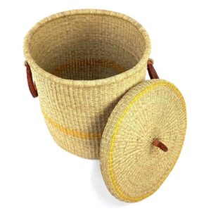 closed-laundry-basket-h-bol-la-0303-ringlet-2 Natural Bolga laundry basket with the woven lid lifted off, showing the interior, yellow band and leather ring handles on both sides