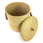 Natural Bolga laundry basket with the woven lid lifted off, showing the interior, yellow band and leather ring handles on both sides