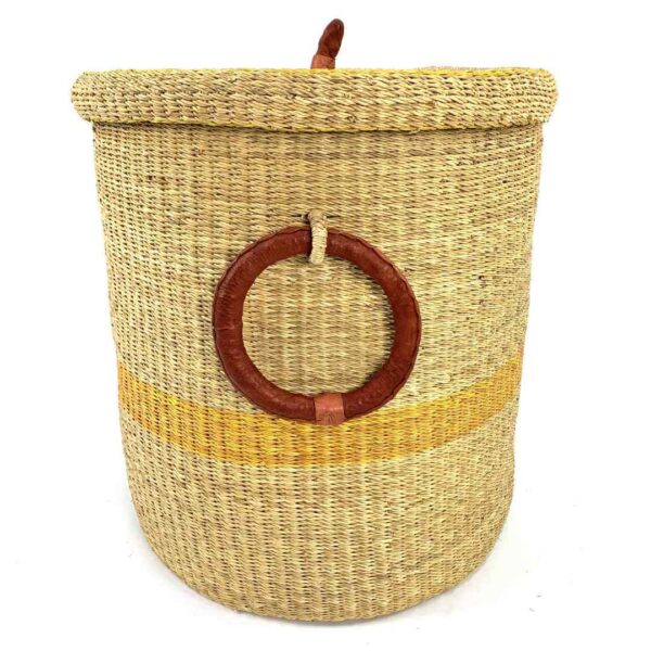 closed-laundry-basket-h-bol-la-0303-ringlet-main Natural Bolga laundry basket with a yellow band, leather ring handle and woven lid, on a white background
