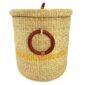 Natural Bolga laundry basket with a yellow band, leather ring handle and woven lid, on a white background