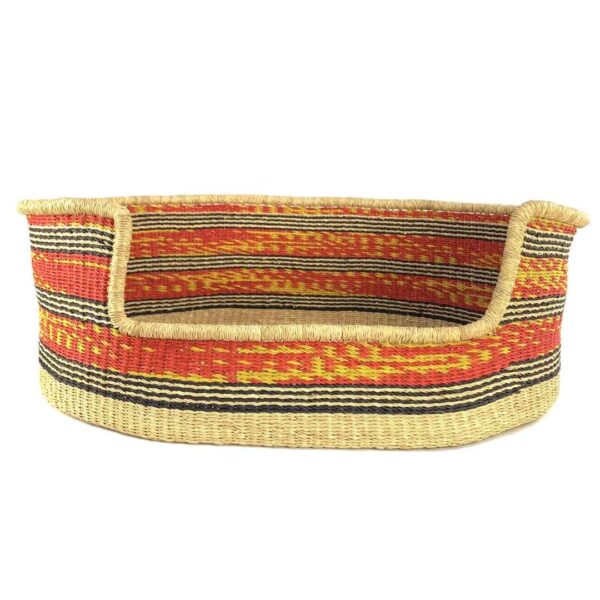 extra-extra-large-pet-dog-basket-008-swing-3 Front view of the XXL red, orange and black striped Bolga pet basket with its dipped front