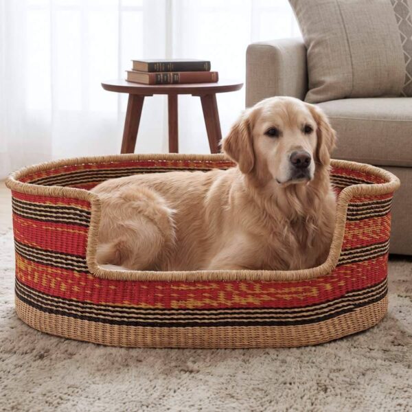 extra-extra-large-pet-dog-basket-008-swing-main XXL red and orange striped Bolga pet basket with a golden retriever lying inside, in a living room