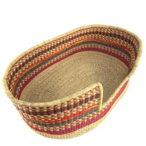 Angled view of the XXL striped pet basket showing the woven elephant grass base