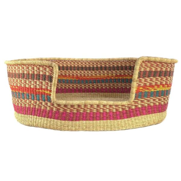 extra-extra-large-pet-dog-basket-009-tap-3 Front view of the XXL red, orange and pink striped Bolga pet basket with its dipped front