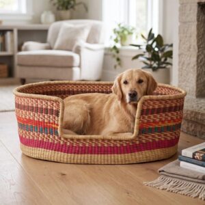 XXL striped Bolga pet basket in red, orange, teal and pink with a golden dog lying inside