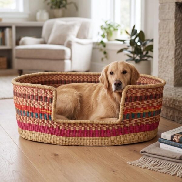 XXL striped Bolga pet basket in red, orange, teal and pink with a golden dog lying inside