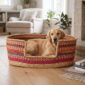 XXL striped Bolga pet basket in red, orange, teal and pink with a golden dog lying inside