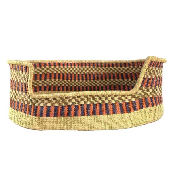 extra-extra-large-pet-dog-basket-010-soukous-3 Front view of the XXL orange and navy checked Bolga pet basket with its dipped front
