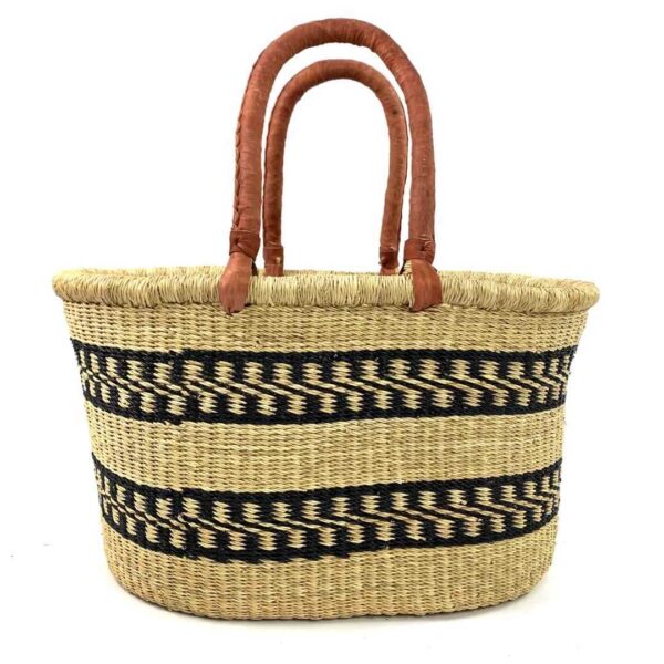 extra-large-oval-010-tems-natural-black-basket-woven-bashiri-3 Front view of the extra large oval Bolga basket with two black stepped bands on natural straw on a white background