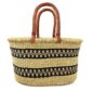 Front view of the extra large oval Bolga basket with two black stepped bands on natural straw on a white background