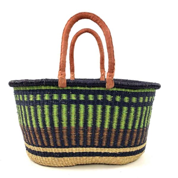 extra-large-oval-011-bamboozle-green-striped-basket-african-bashiri-3 Front view of the extra large oval Bolga basket with lime green vertical stripes over navy, with a navy rim on a white background